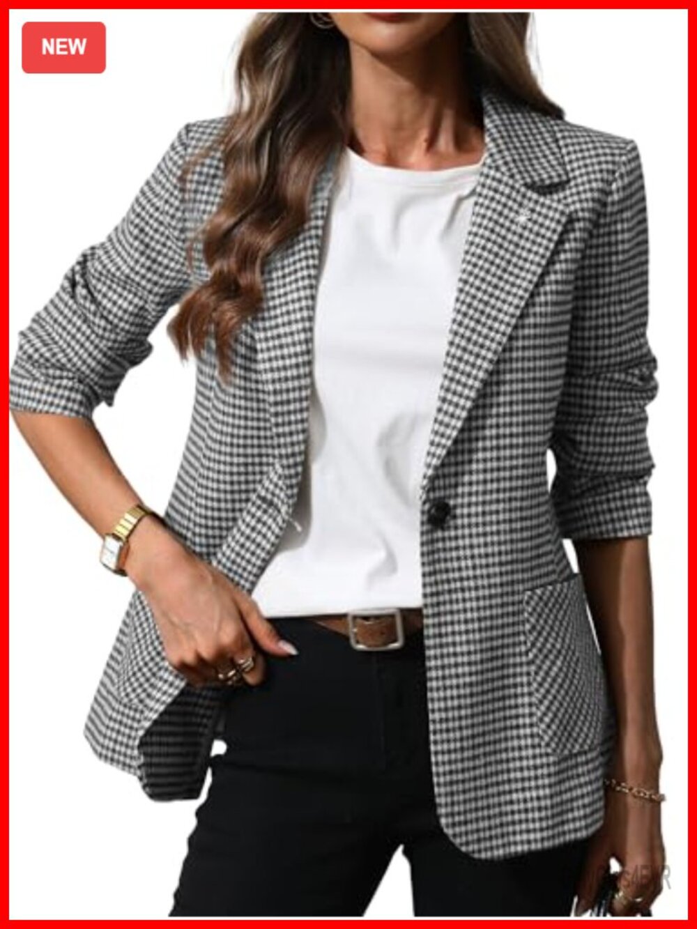 Women's Plaid Blazer with Embroidered Collar - Houndstooth Business Casual